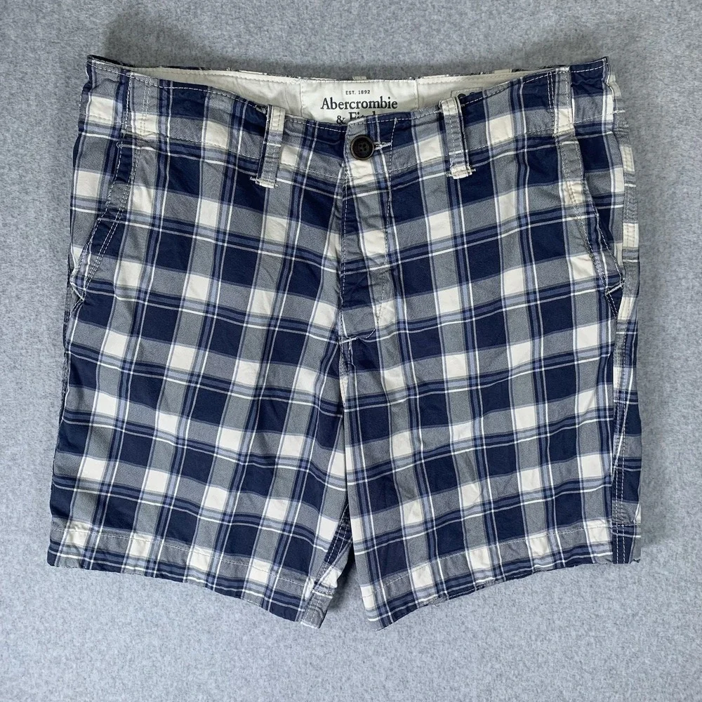 Abercrombie & Fitch Shorts Men's 33 Blue Plaid Checkered Cotton Preppy